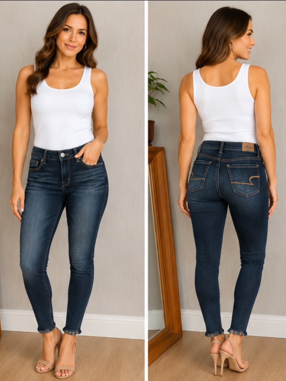 American Eagle Super Stretch Skinny Jeans Women’s Sz 4 Long Dark Wash Frayed Hem